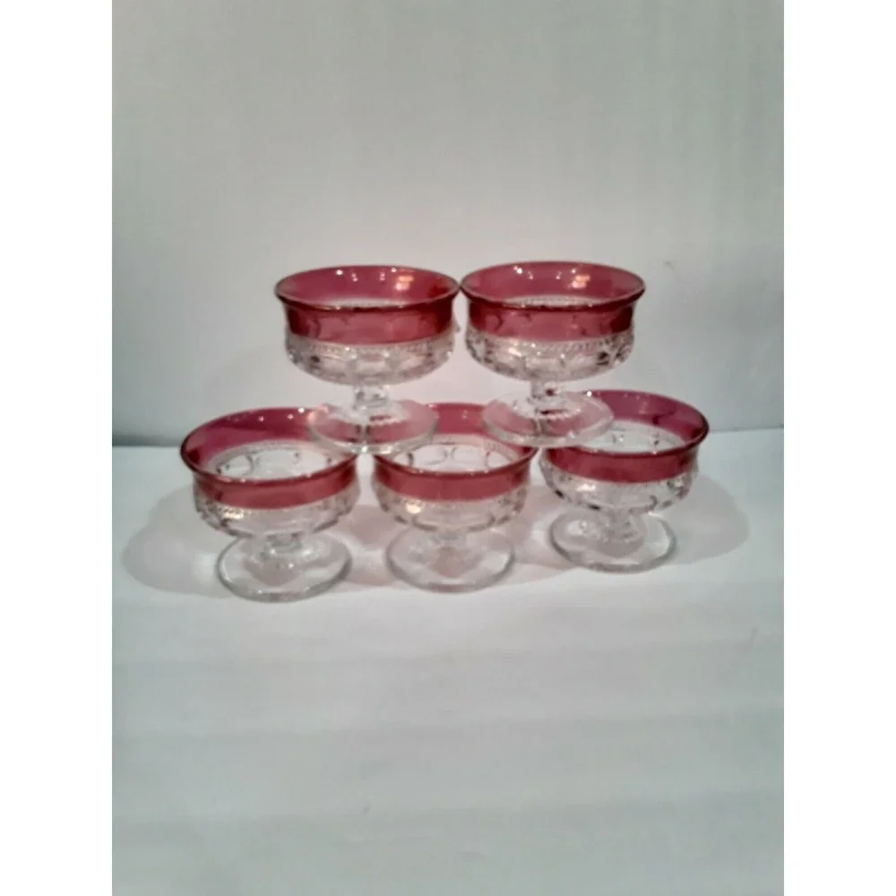 Tiffin Franciscan Glass KING's CROWN Clear Ruby flashed Champagne/Sherbet X 5